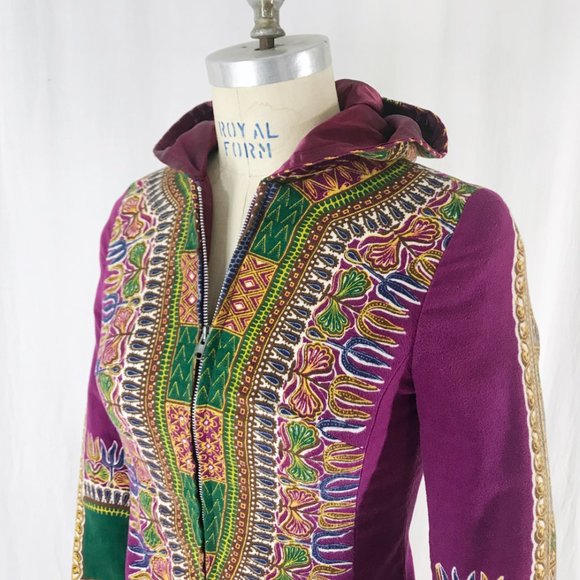 Vintage 70s Hippie Jacket Dashiki Print Purple Utex Hooded Coat - Picture 5 of 9